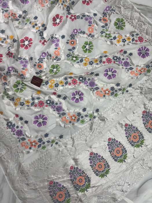 White Khaddi Georgette Banarasi Handloom Saree - Meenakari