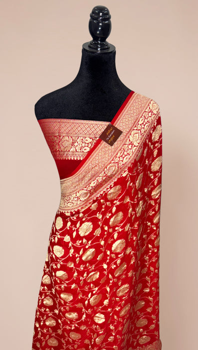 Red Khaddi Georgette Banarasi Handloom Saree - Water Zari