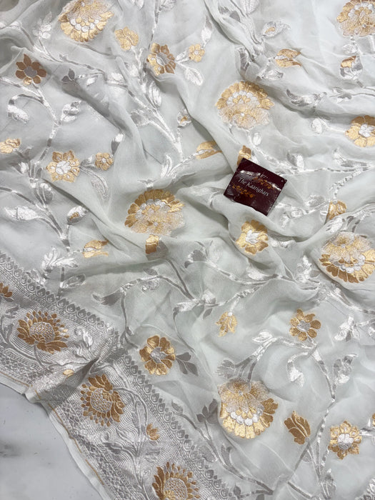 White Khaddi Georgette Banarasi Handloom Saree - Sona Roopa