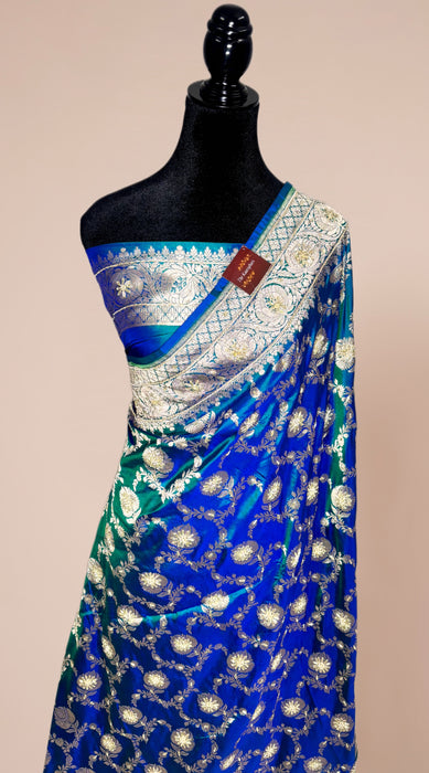 German Blue Pure Katan Banarasi Handloom Saree - All over Zardozi