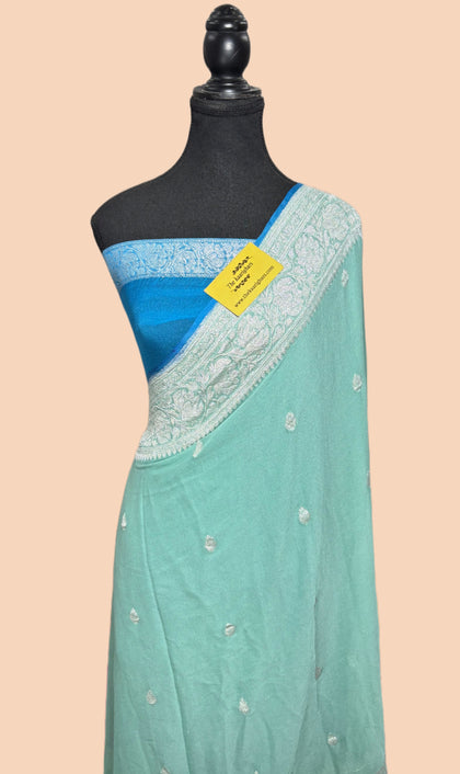 Glacier Blue Pure Kadhwa Chiffon Georgette Banarasi Saree - Silver Zari